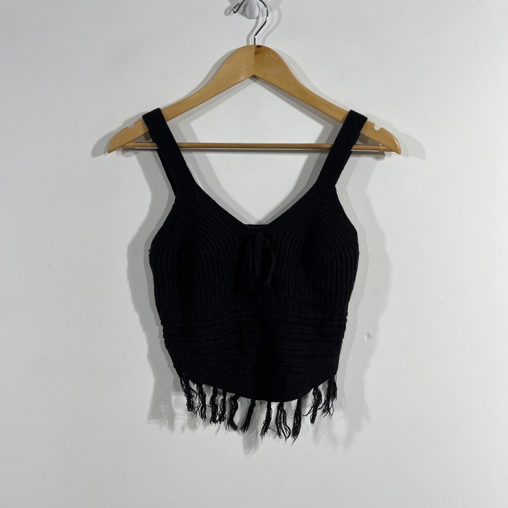 No Boundaries Y2K Babydoll Knit Fringe Crop Tank Top Boho Womens Small Festival
